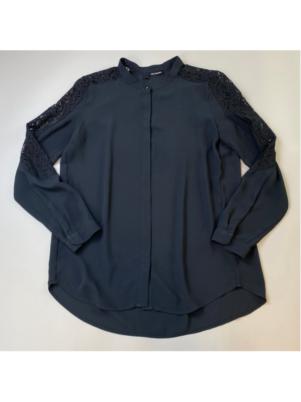 The Kooples Blouse Black Size 1 Lace-Trim Sheer Office Business Elevated Casual
